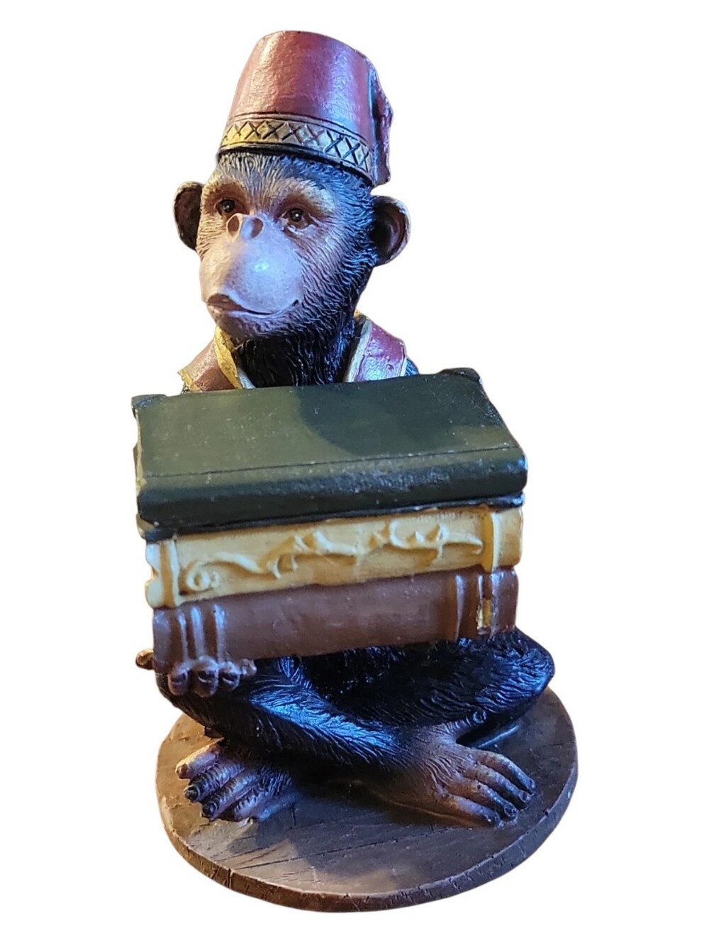 Vtg Resin Monkey Chimp Fez Hat Reading Books Lidded Trinket Jewelry Stash Box
